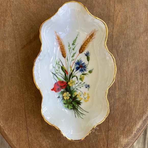 LEC Limoges France Wheat and Flowers Pattern Gold Scalloped Edge Dish - Picture 2 of 6